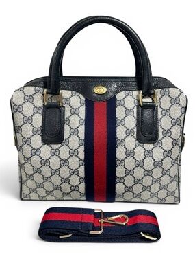 Gucci GG Supreme Navy Blue & Red Sherry Line Vintage Boston Two Way Bag